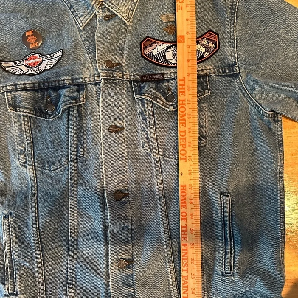 RARE Men's Harley Davidson Moto Waco TX Jean Jacket with Pins Patches Sz XL